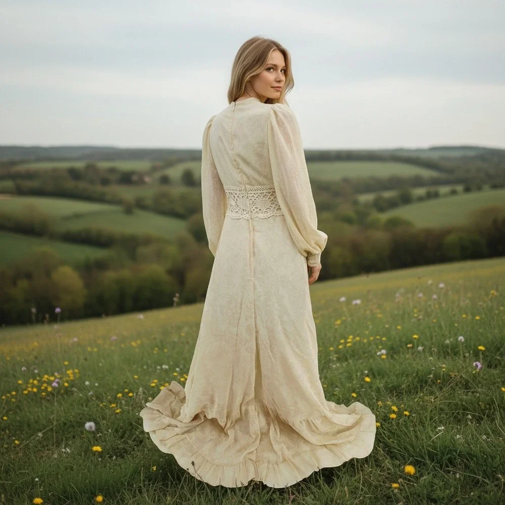 Vintage 1970s Gunne Sax Jessica Cream Crochet Maxi Prairie Sheer Dress Sz 5 - Picture 7 of 16